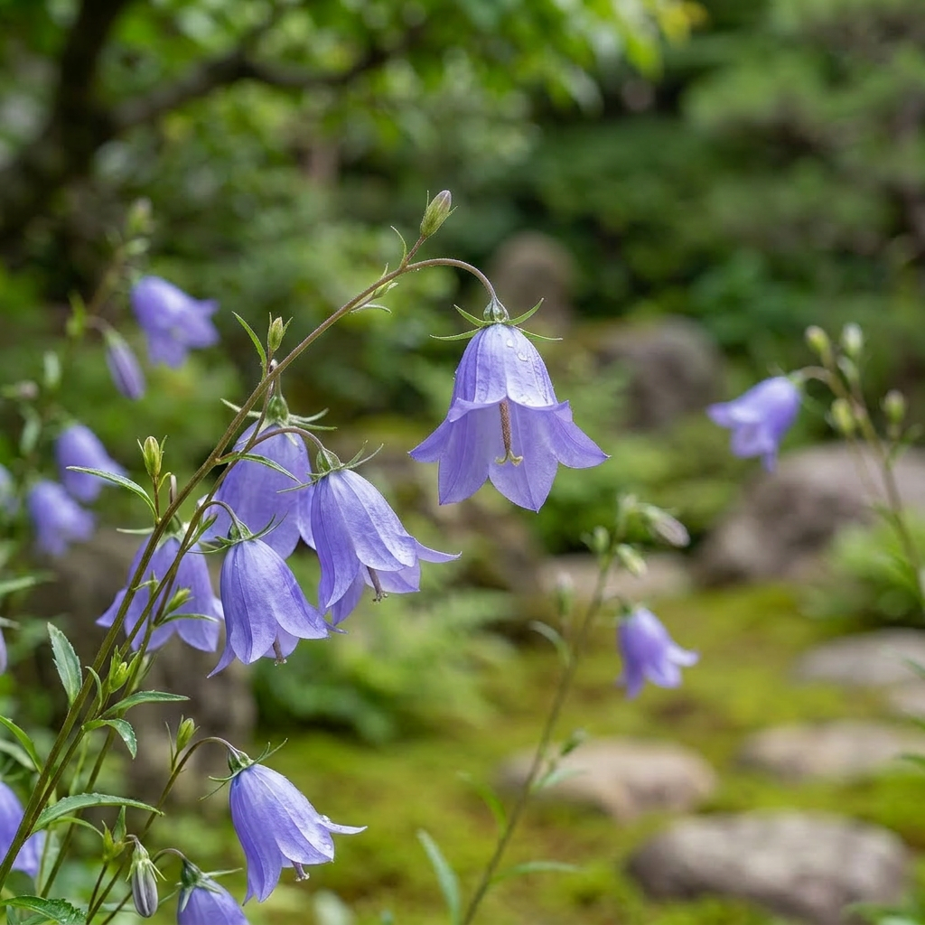 Purple bell-shaped flowers with droplets on petals in a green garden